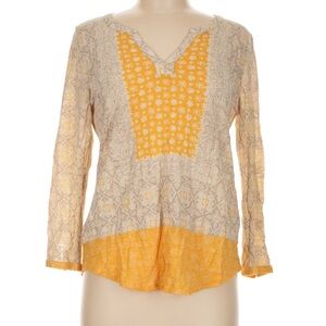 Lucky Brand Yellow & Cream Geometric Print Tunic Top Med V Neck Long Sleeve